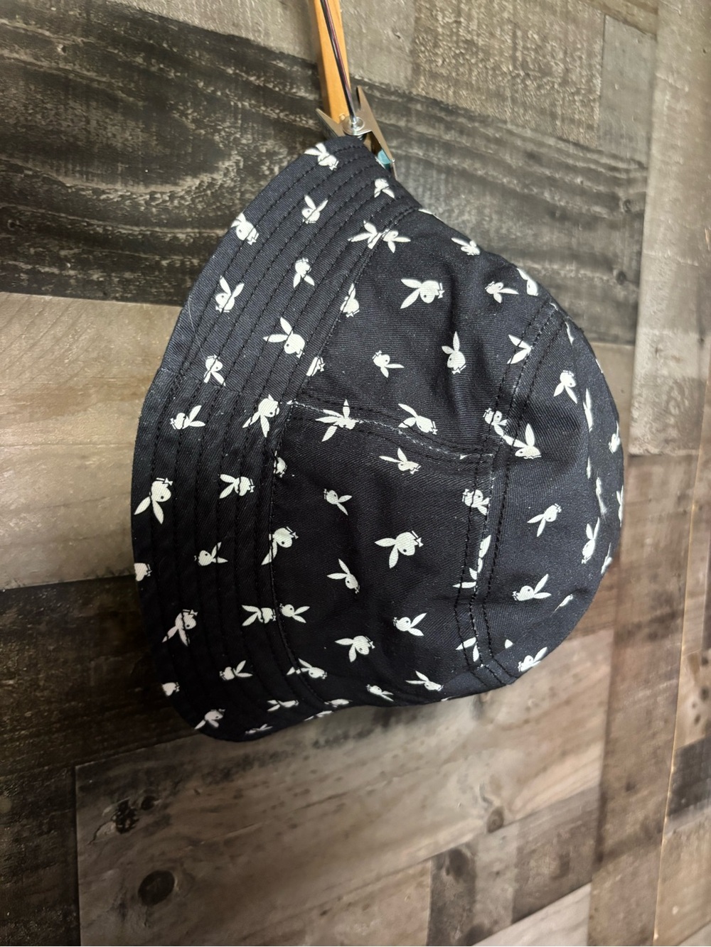 PLAYBOY Black Bucket Hat with White Bunny Motif 100% Cotton